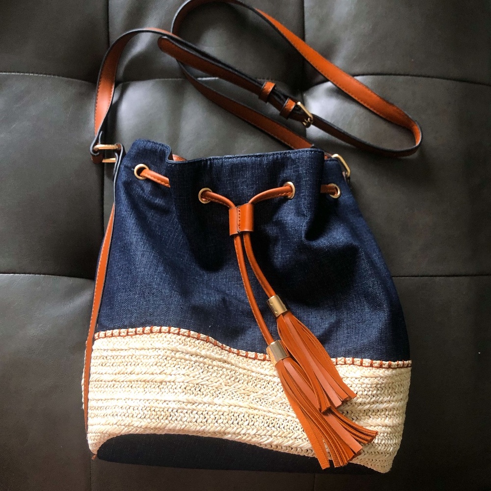Urban Expressions Denim and Weave Bucket Bag with Vegan Leather